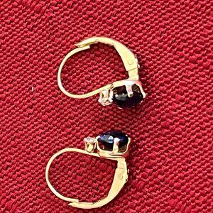 Vintage 10K Gold Clasp Earrings Heart Shaped Simulated Saphire And Diamond
